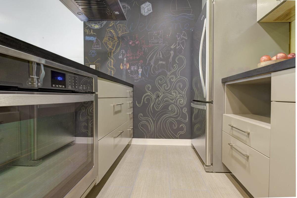 Modern kitchen island and chalkboard wall in a Seattle basement ADU, part of a remodel by CB Construction