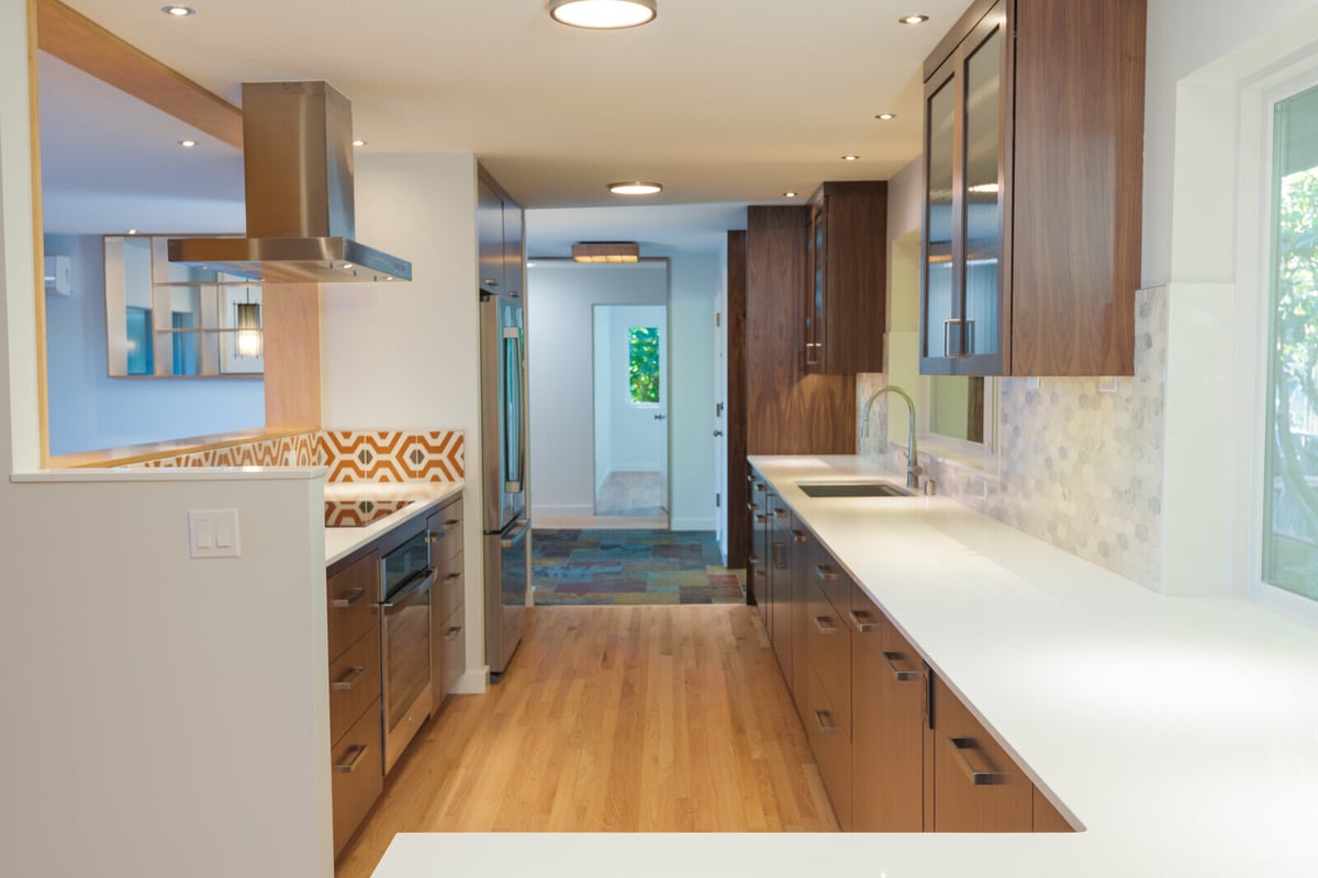 Open kitchen and living space with hardwood floors and modern design, CB Construction, Seattle